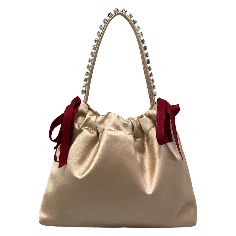 Jimmy Choo Drawstring Mini Top Handle Handbag Beige Bordeaux